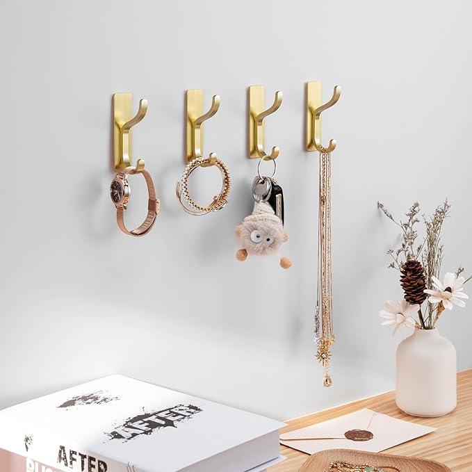 pickpiff Adhesive Wall Coat Hooks - Heavy Duty Stick-On Door Hanger, Metal Hook for Hanging Towel,Purse, Robe, Backpack, Jacket, Clothes - for Bathroom,Dorm, Closet, Kitchen - Gold, 6 Pack - ModernBath