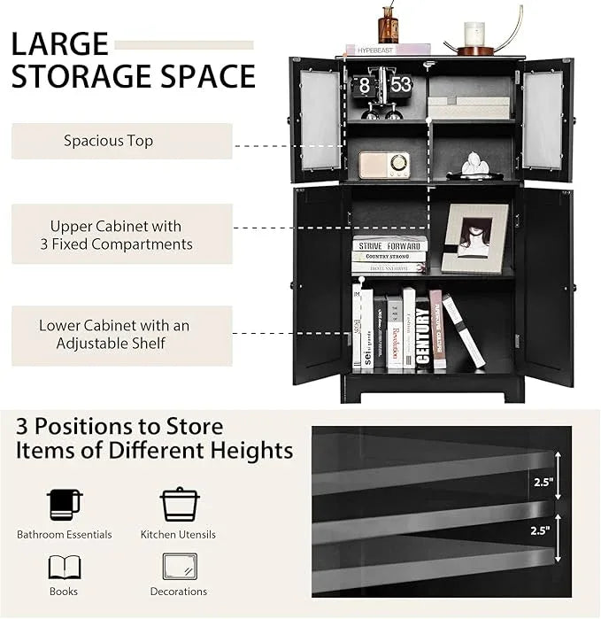 GOFLAME Bathroom Storage Cabinet, Freestanding Storage Cabinet with 4 Doors, Wooden Kitchen Cupboard with Adjustable Shelf, Buffet Sideboard, Multipurpose Home Organizer for Bathroom, Kitchen, Black - ModernBath