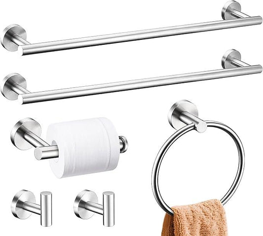6 Pieces Brushed Nickel Bathroom Hardware Accessories Set, SUS304 Stainless Steel 24 Inch Bath Towel Bar Set, Round Bathroom Towel Holder Set, Towel Racks for Bathroom Wall Mounted - ModernBath