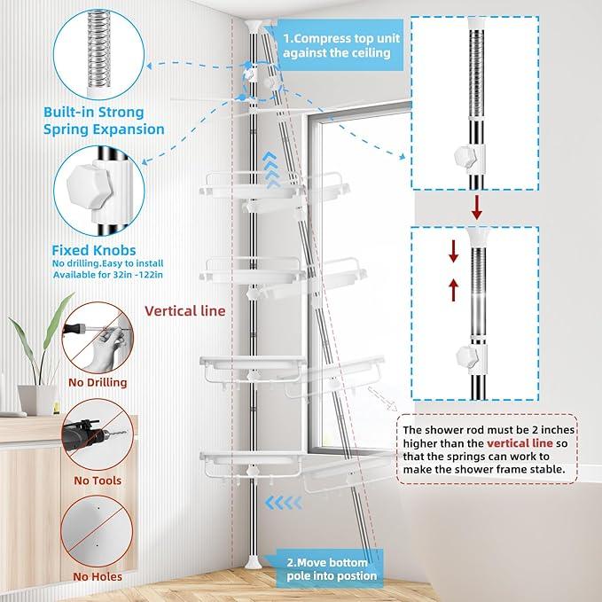32-122inch Corner Shower Caddy Tension Pole White, Rustproof Drill-Free Shower Shelves for Bathroom Bathtub Washbasin, Adjustable Shower Organizer with 4 Tier Patent Stable Shelves & Towel Bars - ModernBath