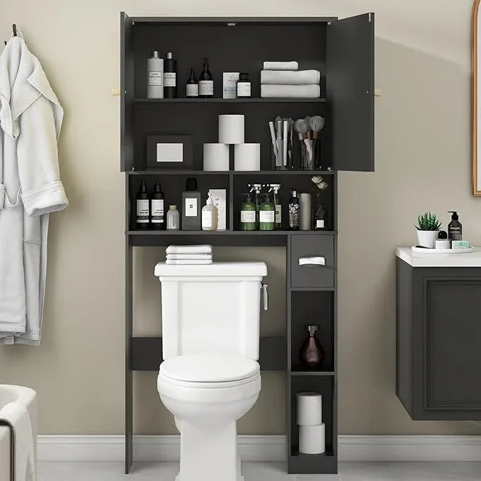Halitaa Over The Toilet Storage Cabinet, Wood Over Toilet Bathroom Organizer Cabinet with 2 Doors, Freestanding Home Space Save Toilet Rack for Restroom, Bathroom, Laundry, Black - ModernBath