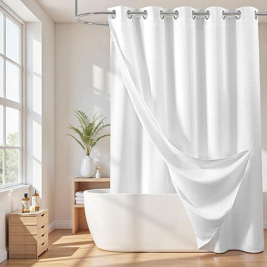 River Dream Extra Long Cotton Blend Shower Curtain with Snap in Liner, No Hook Needed, Hotel Grade Shower Curtains for Bathroom, Water Repellent, White, 71" Wx86 L - ModernBath