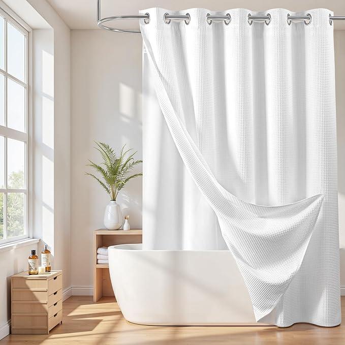 River Dream Cotton Blend No Hook Shower Curtain with Snap in Liner, Hotel Grade Shower Curtains for Bathroom, Water Repellent, White, 71W x74 L - ModernBath