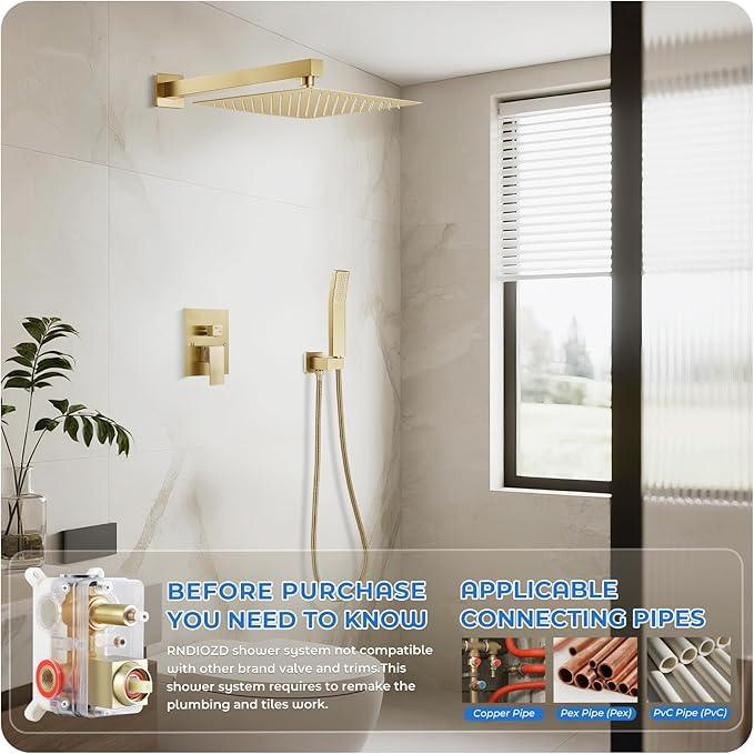 RNDIOZD Gold Shower Faucet Set, 10 inch Rain Shower System with Pressure Balance Valve, Wall Mounted 2-Functions Bathroom Shower Systems with Rain Shower and Handheld Spray Shower Trim Included - ModernBath