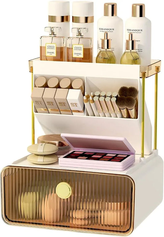 FOLLOWIN 3 Tiers Makeup Organizer with Drawer,Cosmetic Display with Lipsticks Brush Holder,Cosmetics and Beauty Supplies Organizers for Vanity,Dresser,Bathroom Desktop Countertop Organizer,Amber - ModernBath