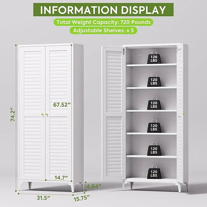 74" H Kitchen Pantry Storage Cabinet, Metal Storage Cabinets with 5 Adjustable Shelves for Kitchen Bathroom Living Room, Required Assembly, White - ModernBath