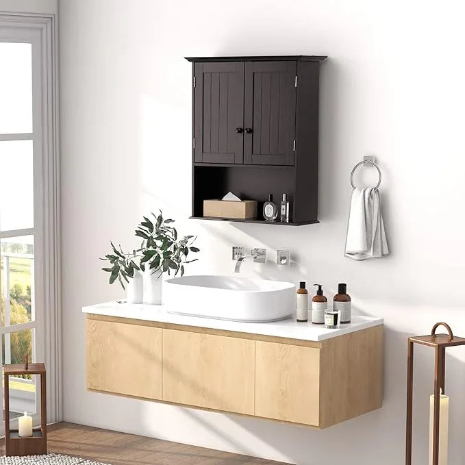 COSTWAY Wall Mounted Bathroom Cabinet, Over The Toilet Storage Cabinet w/Double Doors & Adjustable Shelf, Wood Hanging Medicine Cabinet for Living Room, Entryway, Kitchen (Brown) - ModernBath