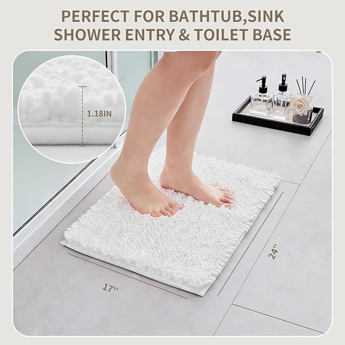 Ruggnovea Chenille Bathroom Rugs Non Slip Washable, Extra Thick Soft Absorbent Chenille Bath Mat, Non-Slip Barrier Backing, Quick Dry Machine Washable Bath Mats Tub, Shower,Floor/Sink,24x17,White - ModernBath