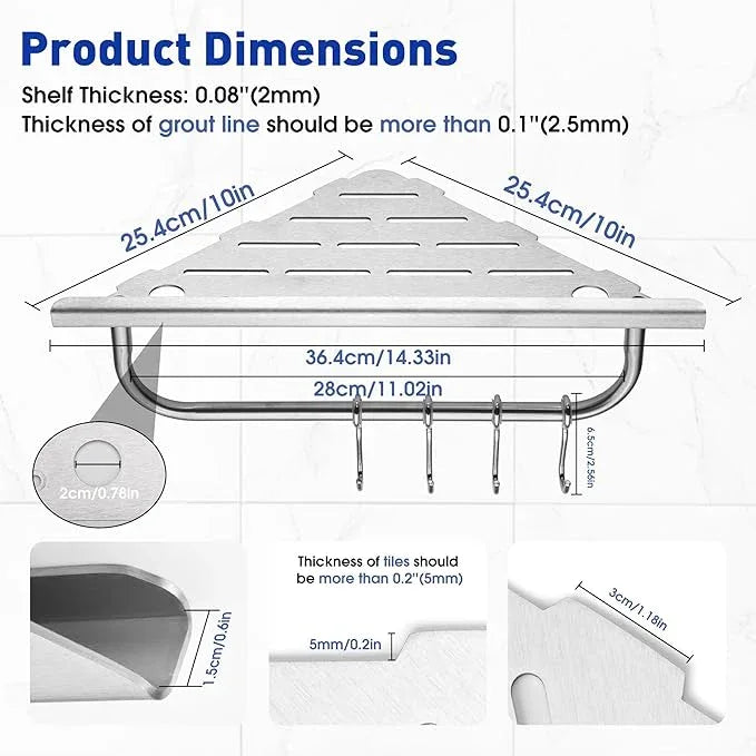 Shower Corner Shelf, 10'' Corner Shower Shelf with Towel Bar & Hooks, 2-Pack 304 Stainless Steel Recessed Bathroom Shelves, No Drilling for Tiled Wall (Brushed Nickel) - ModernBath