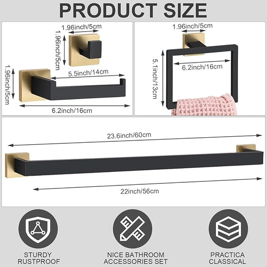 Gisafai 20 Pcs Black Gold Bathroom Hardware Accessories Set 23.6 Inch Bath Towel Bar Kit Stainless Steel Bathroom Hardware Set Towel Racks Ring Robe Hooks Paper Holder for Wall Mounted
