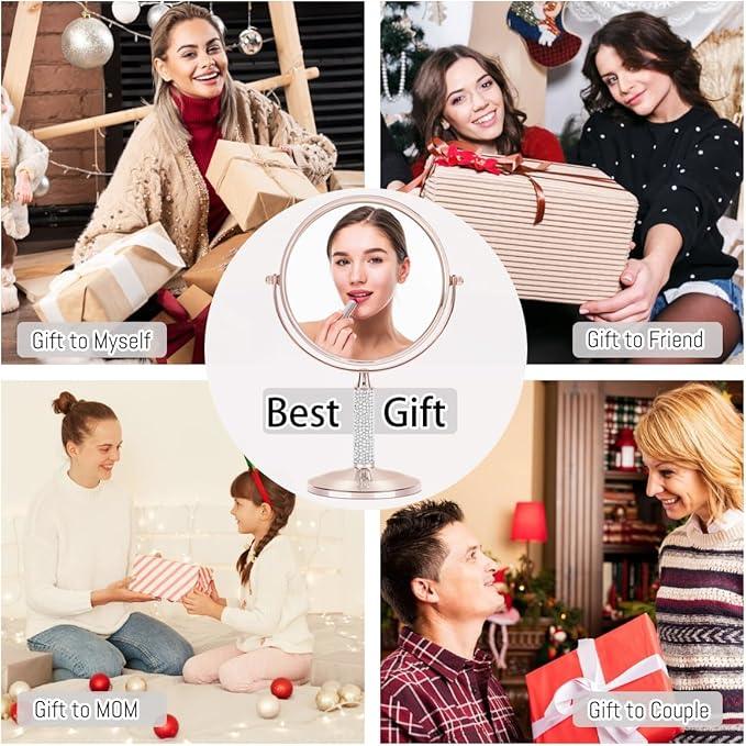 7"Rose Gold Glitter Diamond Rhinestone Makeup Mirror,360°Rotate Round Tabletop Vanity Mirror Double Sided 1X/10X HD Undistorted Magnifying Mirror,Portable Vanity Women Gift (No Lamp Rose Gold) - ModernBath