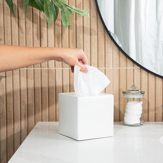 Simple Solid Ceramic Tissue Box Cover – Square Matte Finish Tissue Holder for Bathroom, Vanity, Nightstand, Office – Decorative & Discreet – Fits Standard Tissue Boxes (Clay) - ModernBath