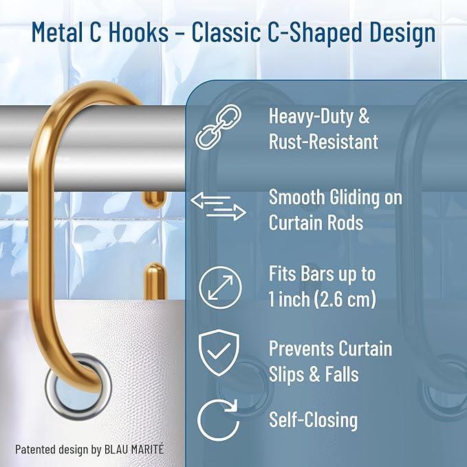 Blau Marité 12 Metal Shower Curtain Hooks, Rust-Proof Decorative C-Shaped Curtain Hooks for Bathroom, Golden Shower Curtain Rings, Fits Rods Up to 1 Inch (C, Gold) - ModernBath