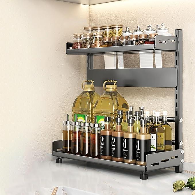 Spice Rack Organizer for Countertop, 2-Tier Height-Adjustable Spice Rack Organizer, Metal Standing Kitchen Counter Organizer with Guardrail & Knife Block for Kitchen Cabinet - ModernBath