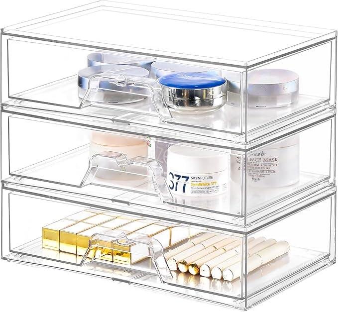 3 Pack Stackable Makeup Organizer, 12.1''L Acrylic Bathroom Organizer and Storage Undersink Drawer, Cosmetics and Beauty Supplies,Clear Plastic Storage Bins for Vanity,Pantry,Desk,Cabinet,Kitchen - ModernBath