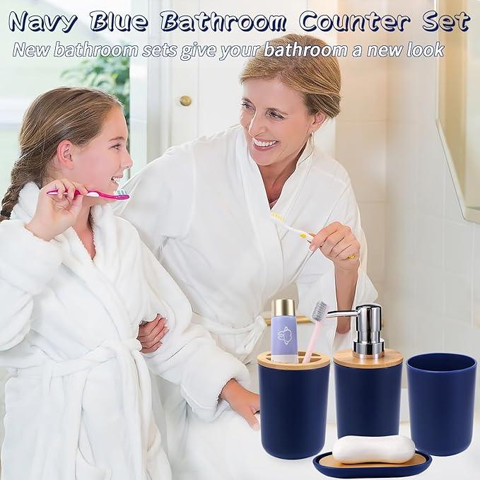 SLDIYWOW Blue Bathroom Accessories, 9-Piece Navy Blue Bathroom Accessories with Trash Can,Tray,Soap Dispenser,Toothbrush Holder,Toothbrush Cup,Soap Dish,Toilet Brush and Q-tip Holders for Bathroom - ModernBath