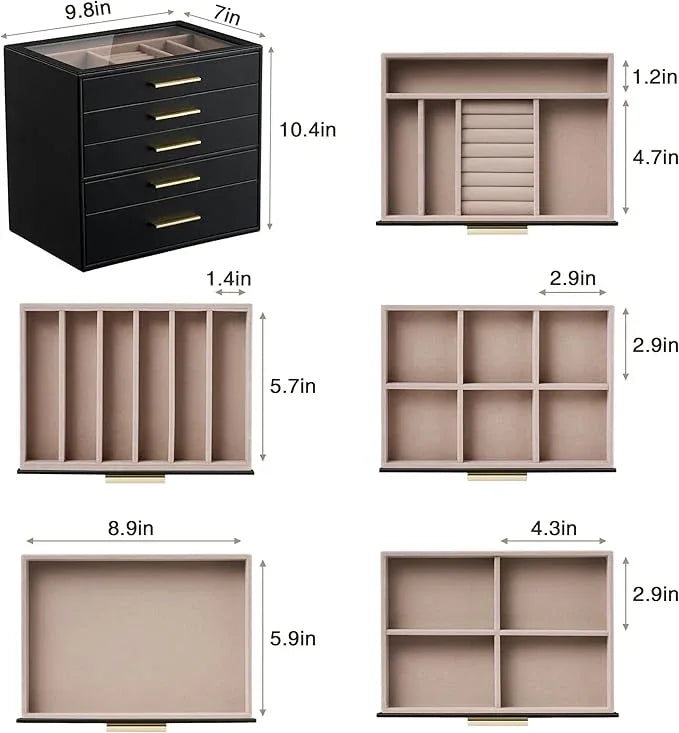 pickpiff Jewelry Box Organizer Case for Women: 5-Layer Jewelry Storage Case with Glass Window, Black Leather with Blush Velvet, Holder for Ring Necklace Bracelet Brooch Watch, Great Gift for Her - ModernBath