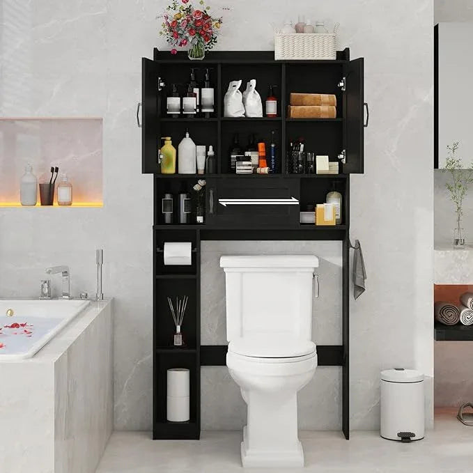 Vabches Farmhouse Over The Toilet Storage Cabinet with 2 Barn Doors & Sliding Door, Over The Toilet Bathroom Organizer with Open Storage Layer and Adjustable Shelves & Hooks.Black - ModernBath