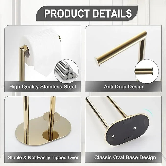 Gold Freestanding Toilet Paper Holder with Reserve for Bathroom with Weighted Base, Modern Tissue Roll Holder Stand - ModernBath
