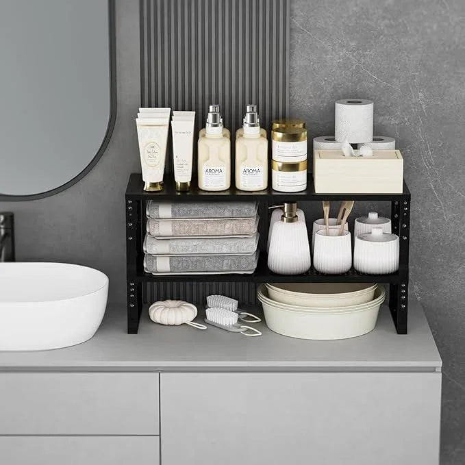 Expandable Cabinet Shelf Organizer Storage Spice Rack Shelves for Kitchen Stackable Adjustable Pantry Cupboard Bathroom Countertop Desktop(2Packs/Black/Large-with Hole) - ModernBath