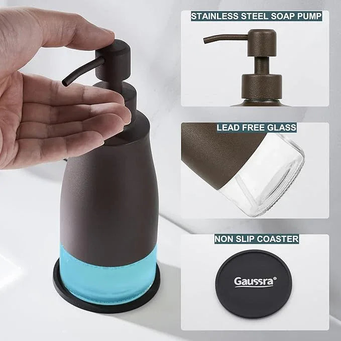 Gaussra Bronze Soap Dispenser with Coaster and Stickers, Stainless Steel and Glass Bottle Hand Pump Dispenser, Refillable Liquid Hand Soap Dispenser for Bathroom & Kitchen (11OZ / 320ML) - ModernBath