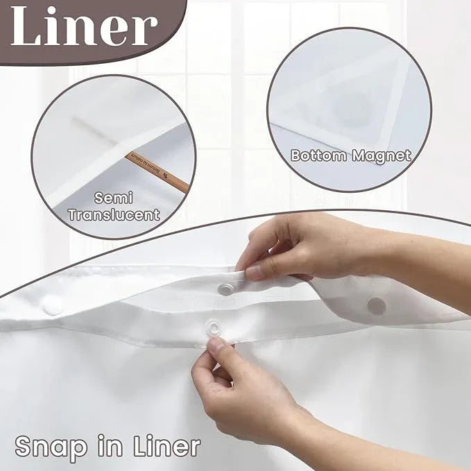 SORTTO No Hook Slub Textured Shower Curtain with Snap in Liner - White Fabric Outer Curtain & Waterproof Inner Liner, Hotel Style with See Through Top Window, 71x74 in - ModernBath