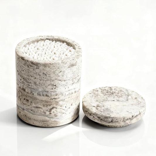 N NANSHOP Natural Marble Canister, Cotton Swab Holder with Lid, High Capacity Bathroom Qtip Holder Storage for Cotton Swab, Floss Picks, Makeup Pad, Bath Salt, Gray Travertine(NS017)