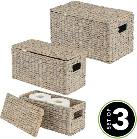 mDesign Woven Water Hyacinth Rectangle Storage Organizer Basket Bin with Topper Lid and Handles - Natural Farmhouse Holder Containers for Closet, Bedroom, Bathroom, Office - Set of 3 - Gray