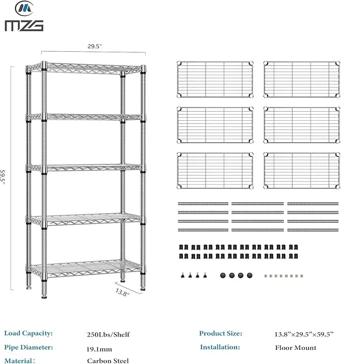 1250 lbs 5 Tier Shelf Metal Storage Shelves Shelving Wire Rack Heavy Duty Closet Organizers for Garage Kitchen Bathroom Laundry Chrome 13.8" D x 29.5" W x 59.5" H - ModernBath