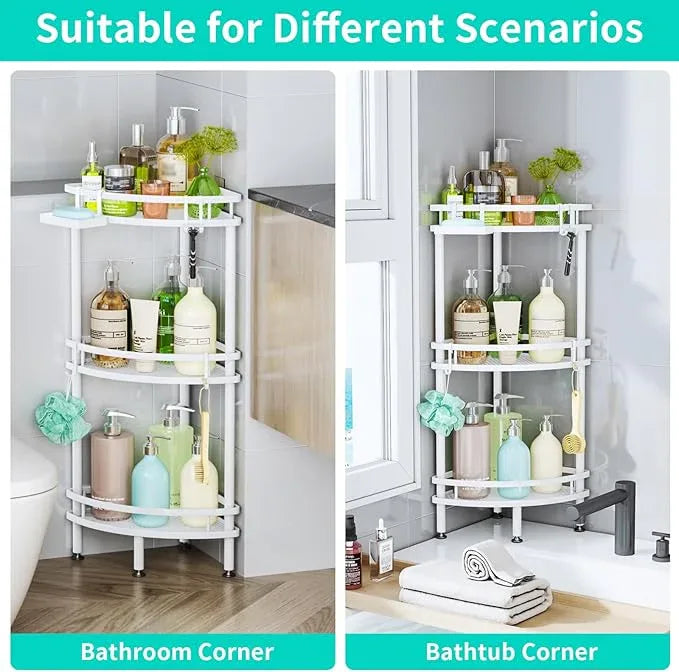 HapiRm Standing Corner Shower Caddy - 3 Tier Shower Organizer Corner with Soap Holder and 4 Hooks, Rustproof Bathroom Storage Shelves with Adhesives, White - ModernBath