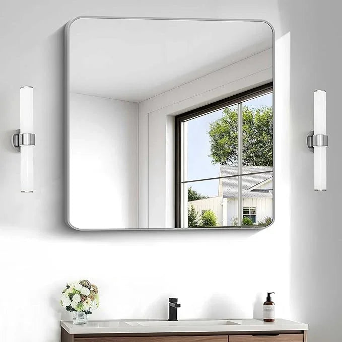 CIVENO Silver Bathroom Mirror, 30 x 30 Inch Silver Square Mirror, Metal Framed Rectangular Vanity Mirror, Rounded Corner Wall Mounted Mirror for Living Room Bedroom Entryway Hangs Horizontal/Vertical - ModernBath