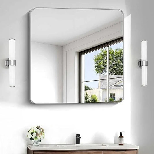 CIVENO Silver Bathroom Mirror, 30 x 30 Inch Silver Square Mirror, Metal Framed Rectangular Vanity Mirror, Rounded Corner Wall Mounted Mirror for Living Room Bedroom Entryway Hangs Horizontal/Vertical - ModernBath