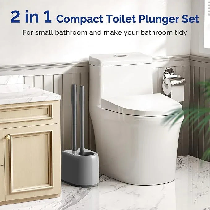 HAMITOR Toilet Plunger and Brush Set for Bathroom Cleaning with Extented Handle - Heavy Duty Toilet Plunger Combo Accessories with Caddy Stand Holder for Small Space - Gray - ModernBath