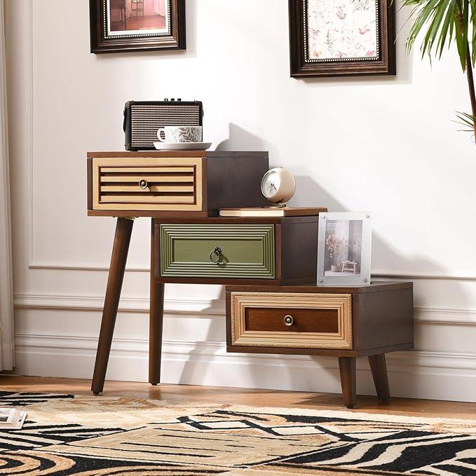 30.5" Vintage Accent Chest with 3 Drawers, Asymmetrical Stacked Design, Multicolored Hand-Carved Decorative Rustic Cabinet, Side Table for Living Room, Entryway, or Small Space - ModernBath