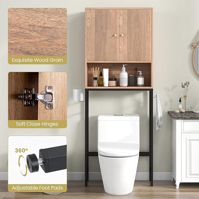 Giantex Over The Toilet Storage Cabinet, Bathroom Space Saver W/Toilet Paper Holder & Hook, Adjustable Shelf & Bottom Bar, Open Storage Cube, Over Toilet Bathroom Organizer for Laundry, Restroom - ModernBath