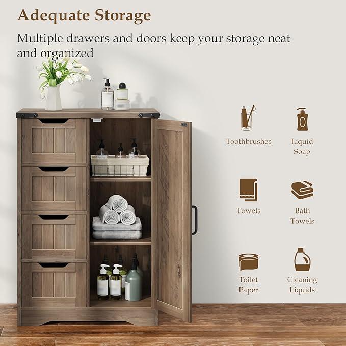 Vabches Farmhouse Bathroom Cabinet, Freestanding Storage Cabinet with 4 Drawers and 1 Door, Rustic Storage Organizer with Adjustable Shelf for Bathroom, Living Room, Entryway, Grey - ModernBath