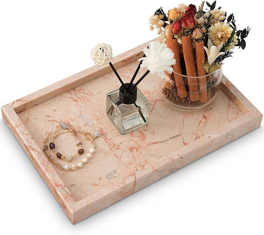 MULWR Marble Bathroom Tray,Pure Natural Vanity Tray,Marble Trays for Kitchen Counter Non-Ceramic/Non-Resin,Stone Tray 12 x 8 inch (Pink) ﻿ - ModernBath