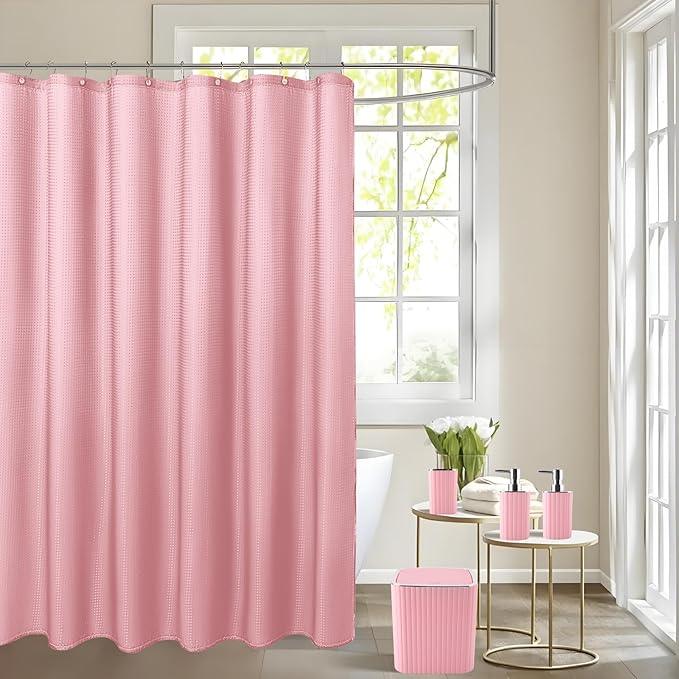 XLHOMO Bathroom Set with Shower Curtain and Rugs- 25PC Pink Bathroom Accessories, Shower Curtain Set, Toilet Brush, Trash Can, Qtip Holder Dispenser & Soap Dispenser - ModernBath