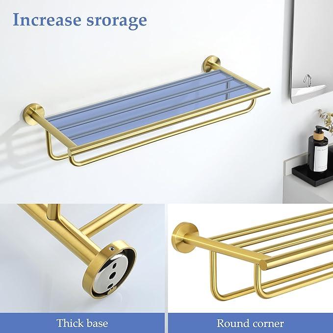 Alise 24 inch Towel Shelf with Double Towel Bars,Towel Rack for Bathroom,SUS 304 Stainless Steel Wall Mount Towel Holder Storage,Brushed Gold,GYT7060-G - ModernBath