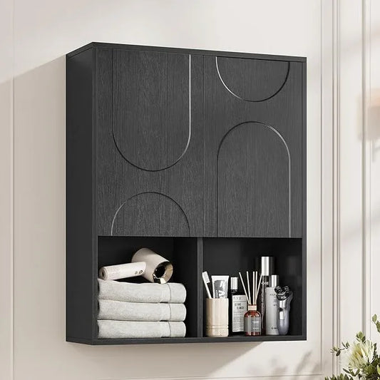 Bathroom Wall Cabinet, 24x30 Inch Small Over The Toilet Storage Cabinet, Black Space Saver Hanging Wall Mounted Medicine Cabinet Organizer with 2 Doors, Open Adjustable Shelf for Laundry Room Kitchen - ModernBath