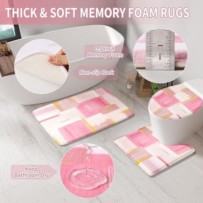 XLHOMO Bathroom Accessories Set - 25PC Bathroom Set with Shower Curtain and Rugs, Pink Bathroom Set, Bathroom Accessory Set with Press-on Lid Trash Can, Soap Dispenser and Qtip Holders - ModernBath