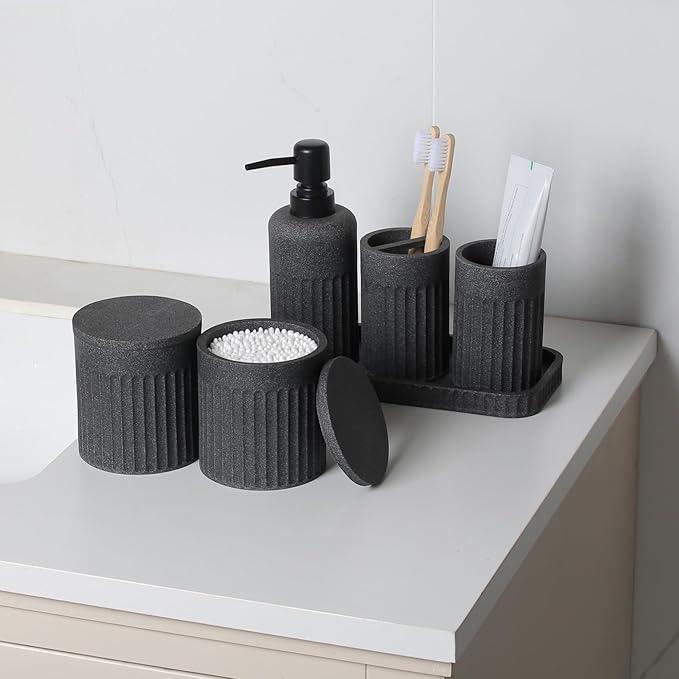INIUNIK Bathroom Accessory Set - 6 Pieces Bathroom Accessories Set Complete with Soap Dispenser, Toothbrush Holders, Tumbler, Vanity Tray and 2 Qtip Holder for Home Organizer and Decor, Dark Grey - ModernBath