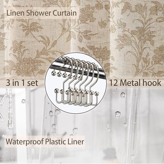 WOUVMA 3 in 1 Shower Curtain with Liner and Hooks Beige Floral Cotton Linen Shower Curtain for Bathroom 72" W x 72" L Double Layer - ModernBath