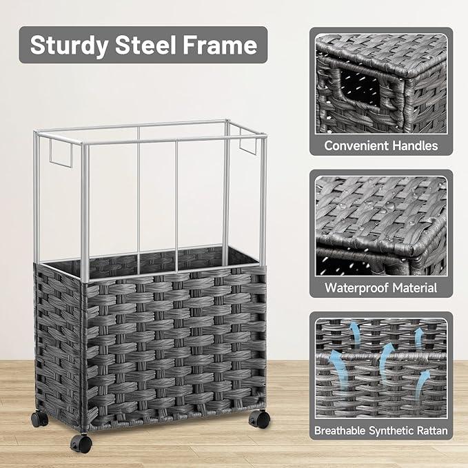 Hiagnete Toilet Paper Storage Basket with Lid and Wheels, Rattan Toilet Paper Holder Storage, Toilet Paper Organizer for Bathroom, Bedroom, Kitchen, 12.6”L x 7.1”W x 17.14”H, Grey - ModernBath