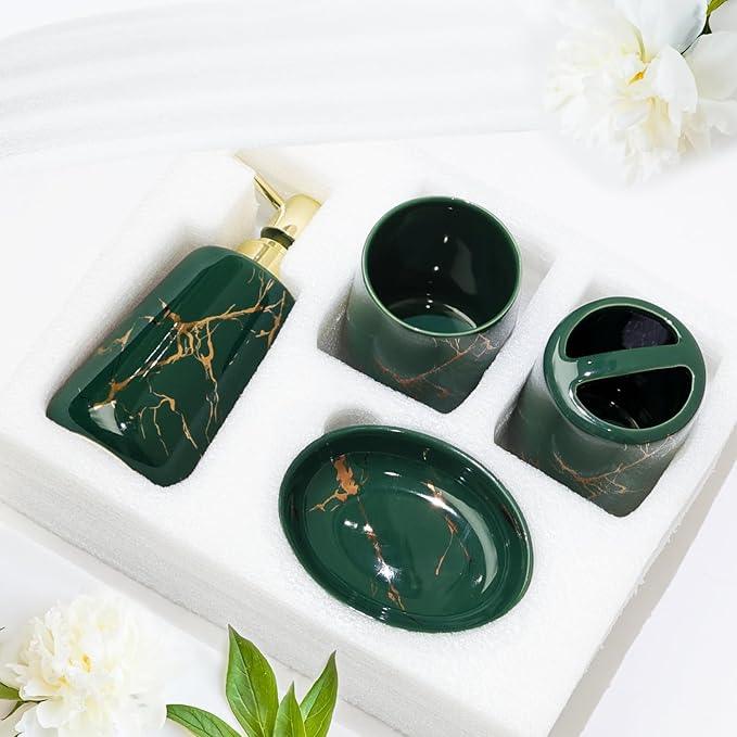 CERBIOR Bathroom Accessories Set,4 Pcs Ceramic Bathroom Decor Accessory,Includes Toothbrush Holder, Toothbrush Cup, Soap Dish for Decorative Countertop and Housewarming Gift(Green 4pcs) - ModernBath