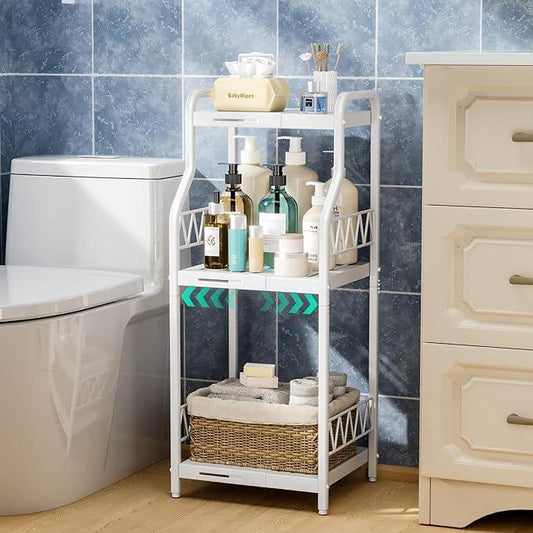 HapiRm Bathroom Shelf Unit Organizer - 3 Tier Expandable Narrow Shelf, Metal Free-Standing Shelves, Open Floor Rack Slim Storage Cabinet, Ideal for Bathroom, Laundry, Kitchen Organization (White) - ModernBath