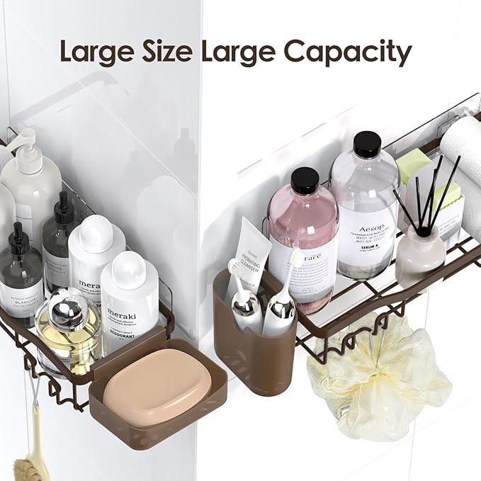Shower Caddy Adhesive Shower Organizer 7-Pack, Rustproof Stainless Steel Bathroom Shelves, Large Capacity No-Drill Rack Storage Accessories with Soap Dish Toothbrush Holder Hooks (Brown) - ModernBath