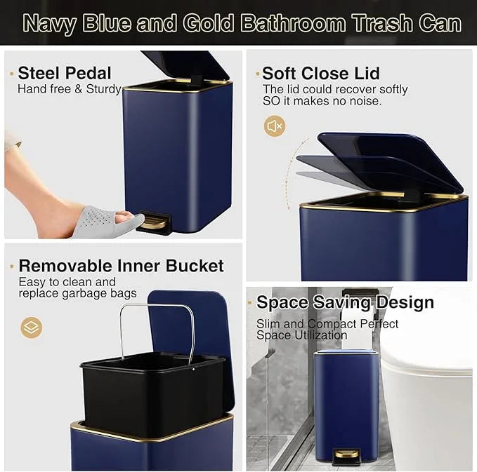 XLHOMO Navy Blue Bathroom Accessories Set 8 Piece Navy Blue and Gold Bathroom Set, Bathroom Sets with Stainless Steel Trash Can,Toilet Brush,Toothbrush Set,Soap Dispenser - ModernBath