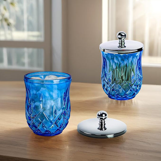 ZIVQEXMURL Qtip Holder,10Oz Blue Glass Apothecary Jars with Silver Lids for Bathroom Organization & Desk Storage,Thick Glass Apothecary Jars for Q-Tips,Cotton Rounds,Jewelry,Candy,Round