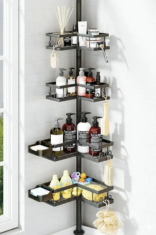 YASONIC Corner Shower Caddy Tension Pole, 25.7-109.1in Adjustable Shower Shelves, Rust-Resistant Shower Organizer, No-Drill 3-Step Installation, Bathroom Shelves for Renters & Family, Black - ModernBath